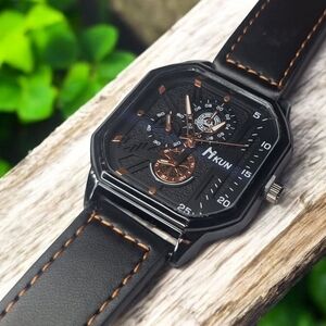 Men's Black Leather Strap Watch